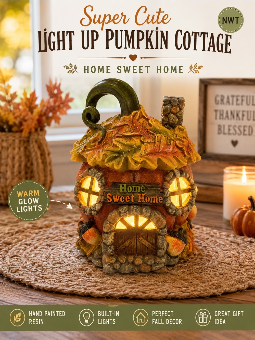 NWT Light-Up Resin Pumpkin Cottage “Home Sweet Home” Fall Halloween Deco